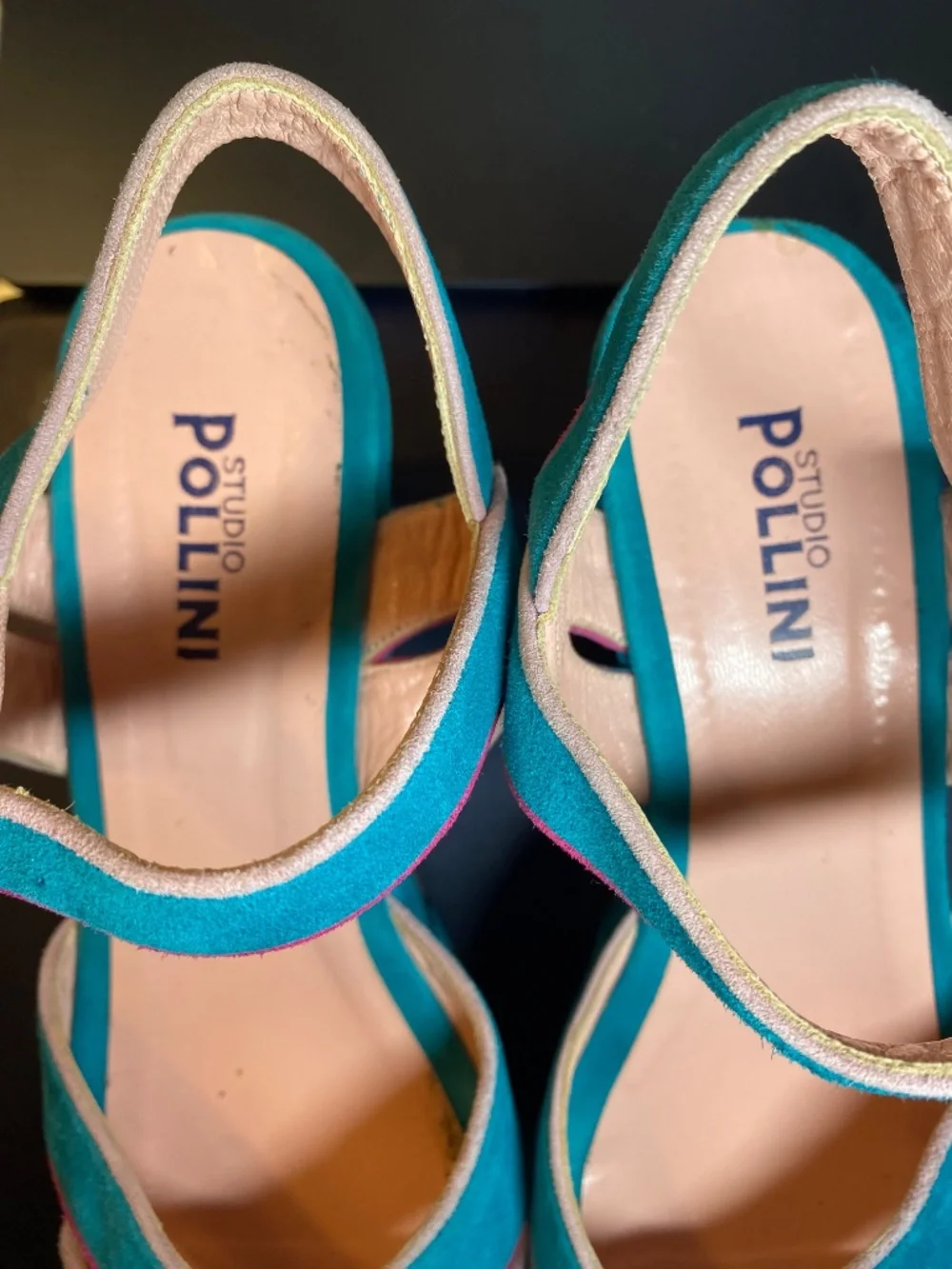 Studio Pollini Italy Turquoise Suede Colorblock Platform Wedge Sandals 38 US 8